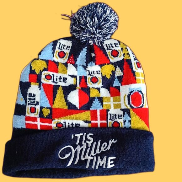 Miller Lite It's Miller Time Multicolor Pom Pom Beanie Winter Hat Toboggan - Picture 1 of 3